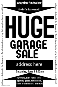 Adoption Garage Sale Fundraiser sign
