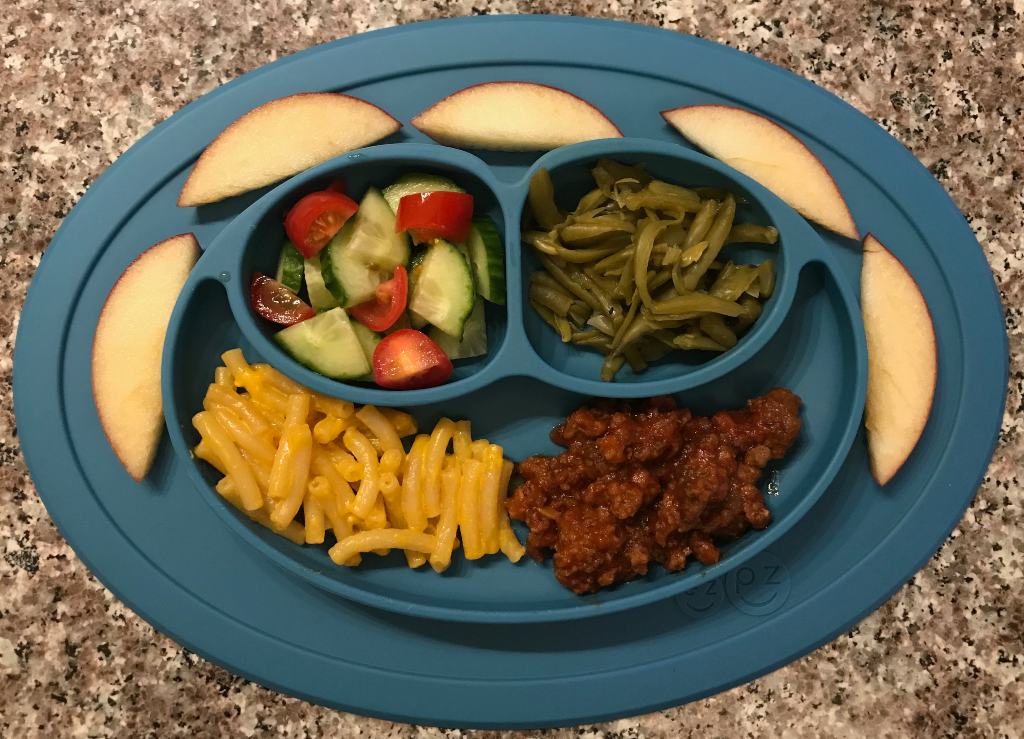 Preschool Meal Ideas Sloppy Joe, Mac and Cheese, Cucumber Tomato, Green Beans, Apples