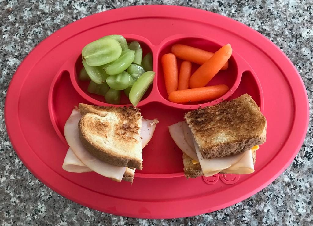 Toddler Ham and Cheese Sandwich on Toast, Grapes, Baby Carrots