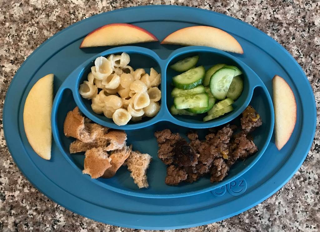 Deconstructed Hamburger, Cucumbers, Apples, and Shells and Cheese