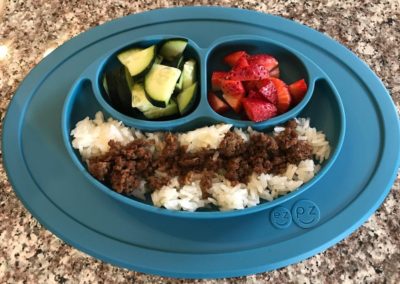 Toddler Meal Ideas Korean Beef, Rice, Strawberries, Cucumbers