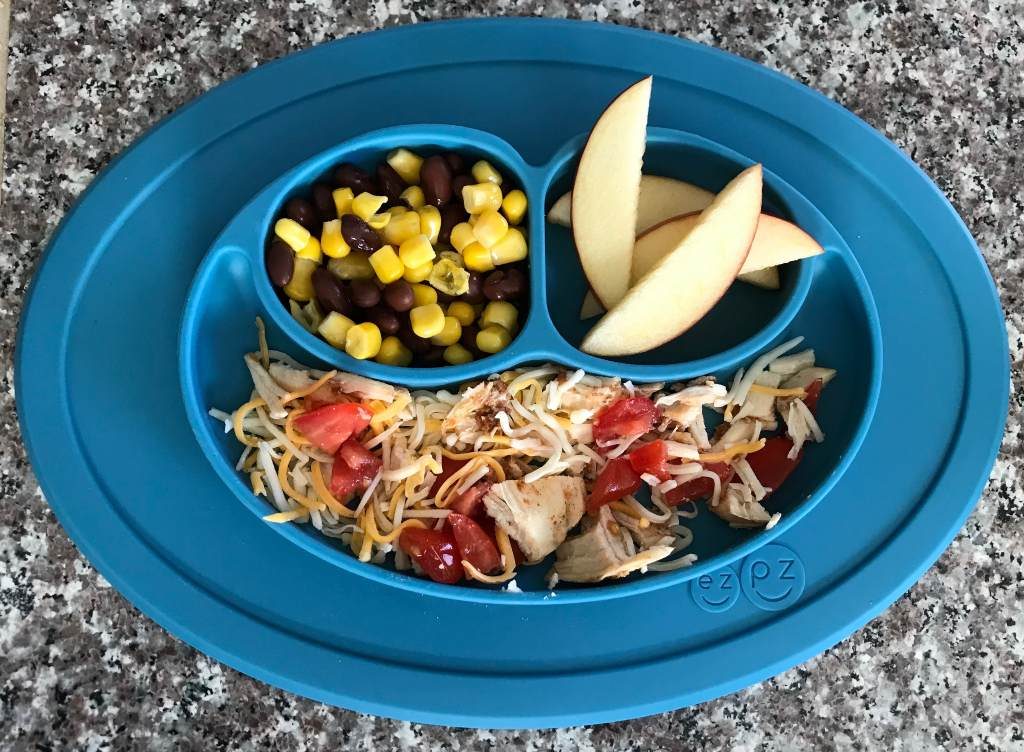 Toddler Deconstructed Chicken Taco, Corn and Black Beans, Apples