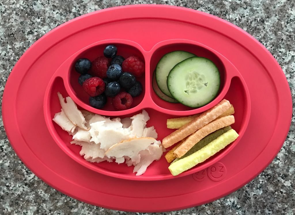 Toddler Lunch Ideas: Turkey Breast, Veggie Straws, Blueberries and Raspberries, Cucumbers