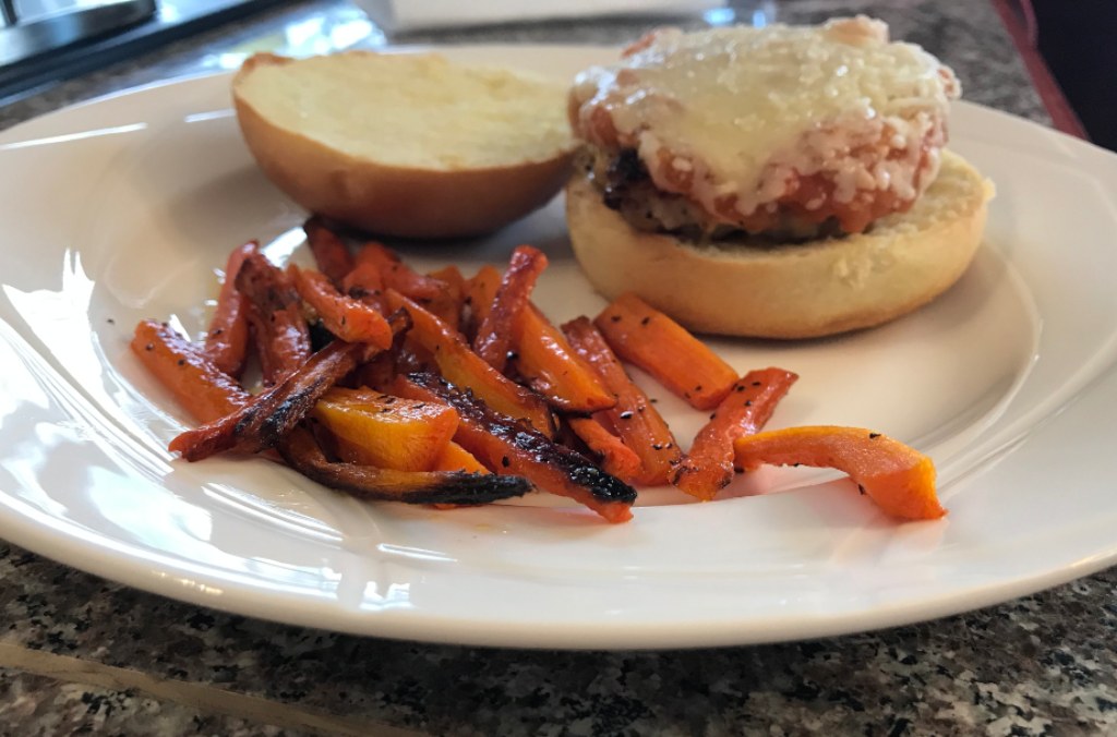 Chicken Sausage Parm Burgers with Carrot Fries