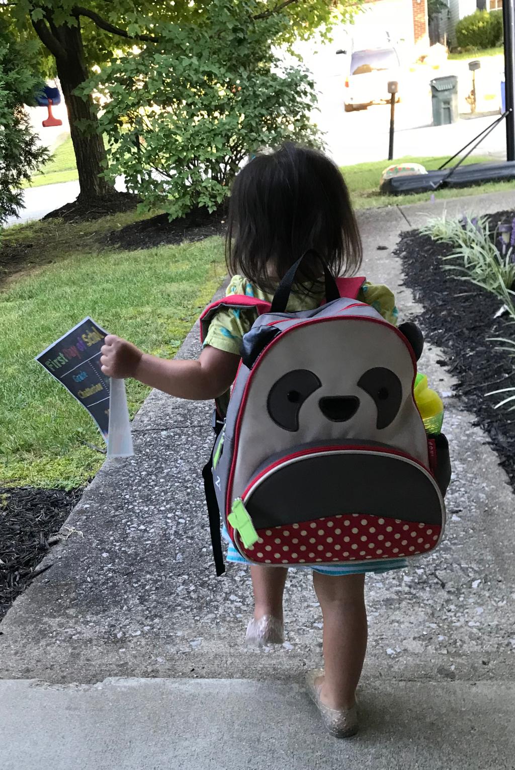 First Day of Preschool, Girl with Panda Backpack